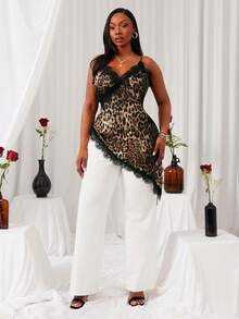 SHEIN SXY Plus Size Summer Brown Leopard Print Camisole Top,Classy Lace Trim Asymmetric Hem Office Siren,Night Out Club Party Animal Print Outing Fashion - Multicolor - View 7