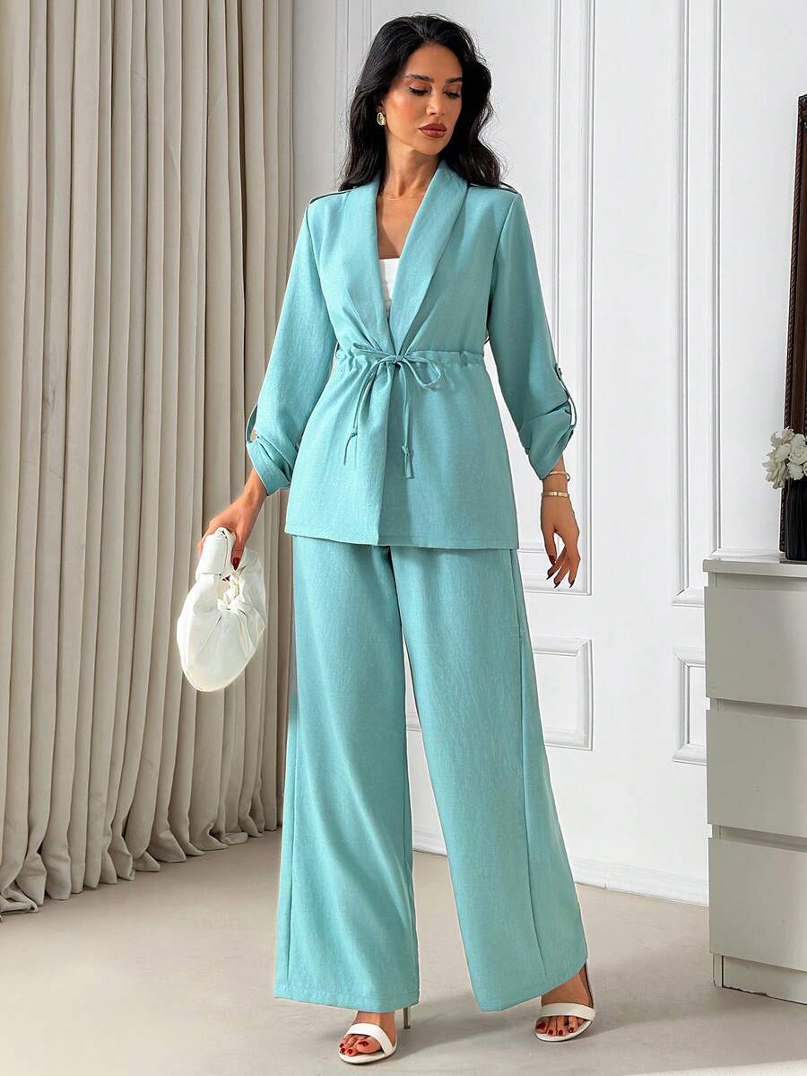 EURMUSE Conjunto de blazer y pantalones con cintura con cordón - Elegante conjunto de dos piezas de manga larga de falso lino - Verde - Ver 1