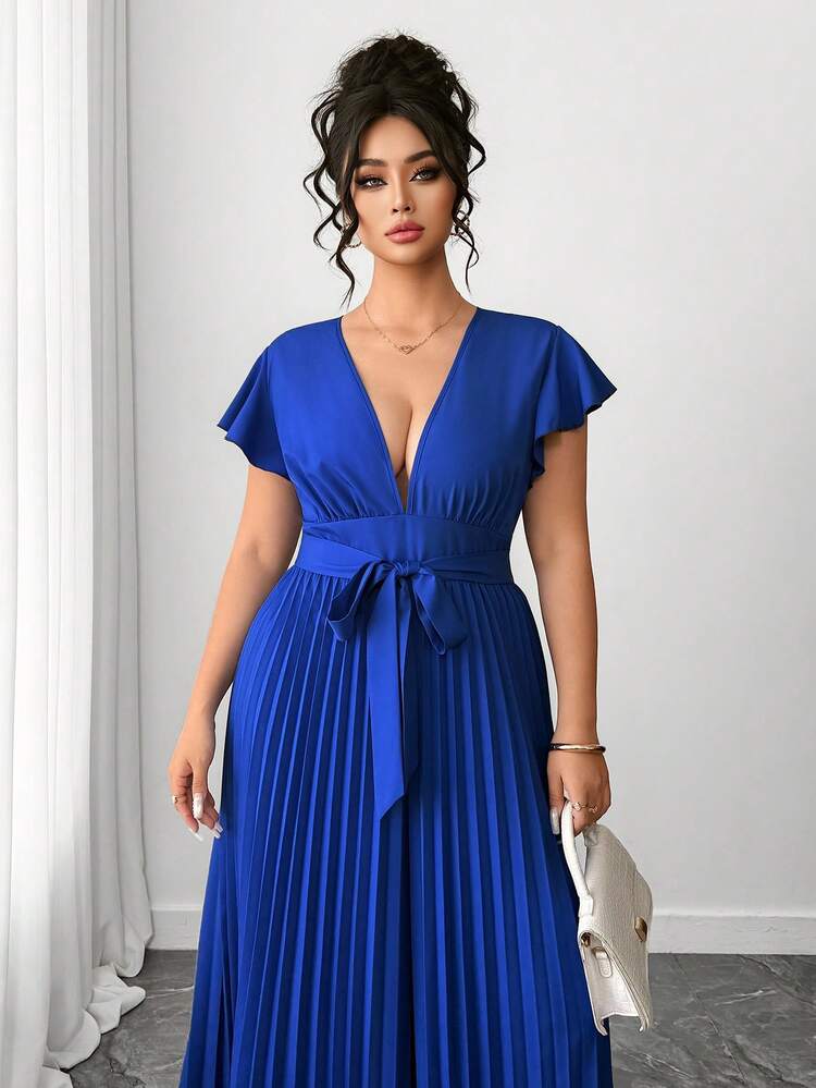 Elenzga Plus Size Royal Blue V-Neck Ruffle Sleeve Wide Leg Jumpsuit, Office Casual Outfit Royal Blue Women Blue Long Dress Summer Maxi Dress Elegant Maxi Dress Formal Blue Wedding Guest Dress Royal Blue Dress Women Elegant - Blue - View 7