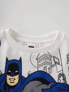 BATMAN X SHEIN 85th 2pcs/Set Young Boy Cartoon Print White Casual Crew Neck Sweatshirt And Black Sports Pants Outfit - Multicolor - View 6