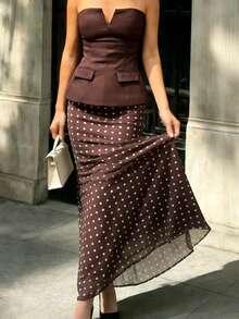 Pariaura 2026 New Arrival Women's Elegant Tulle Long Midi Skirt - Brown Base With White Polka Dots, Versatile Casual Office Minimalist Vacation Style - Multicolor - View 5