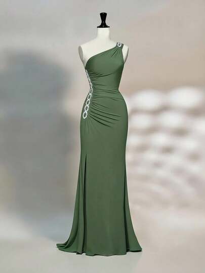 Coutiva Rhinestone Decor One-Shoulder Pleated Side Slit Hem Sleeveless Bridesmaid Dress Women's Formal Evening Dress Gown (Heavy Embroidery) Women Rhinestone Embellished Sheer Black Long Evening Gown, Wedding Guest Dress, Elegant Evening Dress, Prom Dress, For Wedding Dress Waist And Chest Slimming, Party Dress, Formal Dress