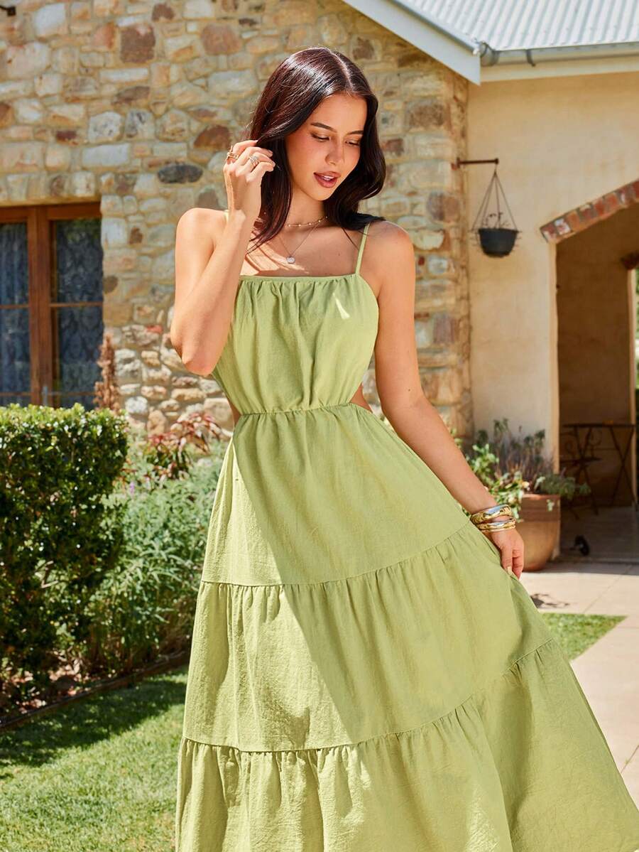 KARISMINA Đầm xanh không tay, thắt eo, khoét lỗ dành cho nữ, thích hợp cho mùa xuân/hè. - màu xanh lá - Xem 1