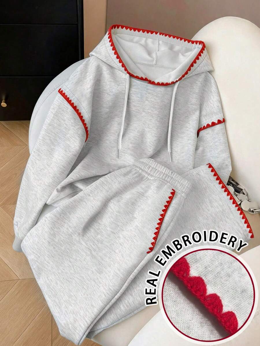 SHEIN 2pcs Plus Size Embroidered Hoodie And Sweatpants Set, Casual, Suitable For Spring, Autumn And Winter - Grey - View 1