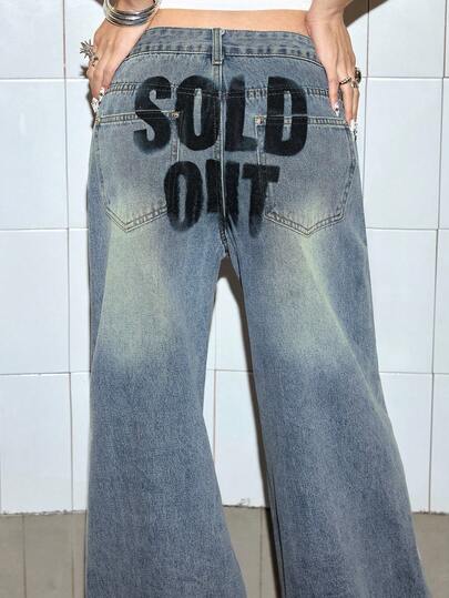 Grunge Punk Damen Lässig Bedruckte Jeans