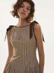 Poéselle Women's Striped Bow Shoulder Decor Round Neck Sleeveless Midi Dress