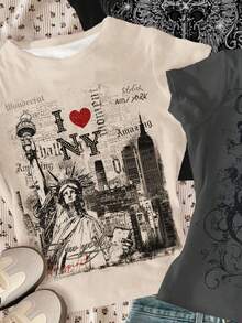 3件套米色、深灰色、黑色复古朋克哥特风印花少女修身休闲舒适圆领长袖T恤，适合春夏日常穿着，复古风 - 彩色 - 查看 3