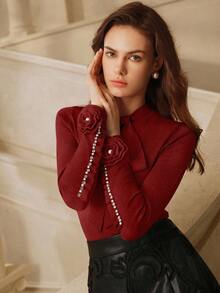 Anewsta Áo len dài tay nữ đính nơ và hoa 3D pha lê, thanh lịch, thích hợp cho mùa xuân/thu, ngày Valentine, sinh nhật. - Màu Đỏ Sâu - Xem 6