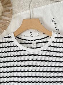 2pcs/Set Teen Girls' Casual Striped Knit Crew Neck T-Shirt And Shorts Co-Ord Set, Black & White,Kids - Black and White - View 5