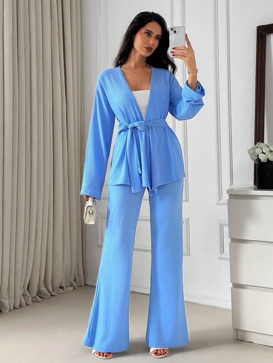 EURMUSE Textured Two Pieces Set, Wrap Blouse With Belt Detail, Flared Pants, Relaxed Fit, Soft Drape Fabric, Effortless Chic Style - Baby Blue - View 1