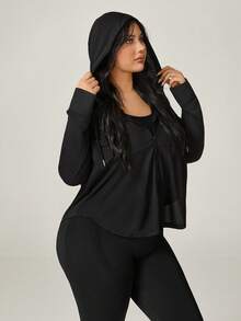 SHEIN Essnce Plus Size Women's Solid Color Drop Shoulder Long Sleeve Zipper Front Drawstring Hooded Sports Jacket For Spring,Spring Outfits For Women - Black - View 6