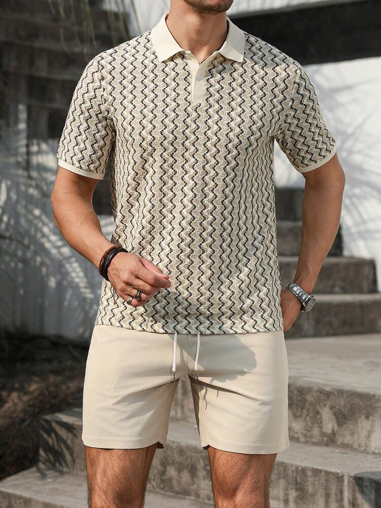 VENTUSAIL Men's Contrast Color Short Sleeve Textured Fabric Polo Shirt Set, Suitable For Outings, Gatherings, And Vacations Crochet Men S Short Set Men Beach Wear Sets Men Casual Short Set Men Summer Short Sets Men's Vacation Wear Old Money,Daily Leisure, Weekend Trips, Outdoor Activities, Travel Expeditions, Relaxed Work Environments Or Semi-Formal Occasions, Boyfriend/Husband Gift, Anniversary /Birthday Gift Party Summer Vacation Holiday New Years Wedding Valentine's Day - Khaki - View 3