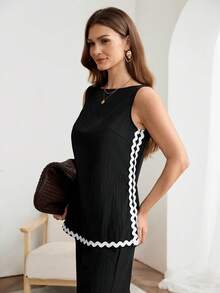 Easowa Women's Boat Neck Patchwork Ruffle Trim Sleeveless Blouse And Pants Elegant 2 Pieces Set Vacation Outfits Women,Casual Clothes Top And Pants Set Black Two Piece Set Women Blouse And Pants Set Two Piece Set Women 2 Piece Casual Sets Woman Two Piece Set Women Comfy - Black - View 5