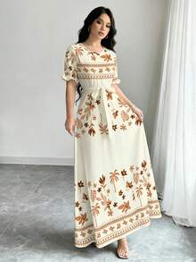 Modelyn Đầm dài tay cổ tròn dáng chữ A in họa tiết hoa và hình học dành cho nữ, mùa xuân - Nhiều màu - Xem 4