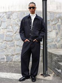 Manfinity EMRG Men's Dark Blue Denim 2 Pieces Set, Casual Jacket And Loose Fit Pants, Spring/Autumn Mens Denim Set Baggy Jeans Man