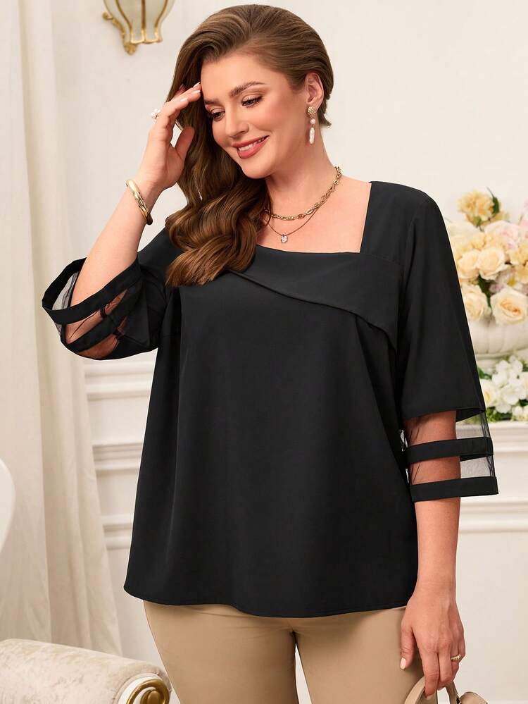 Plus Size Elegant Commuter Mesh Patchwork Blouse For Summer/Vacation/ Vacation Plus Size Black Top Women Top Elegant Plus Size Casual Top Summer For Women Carnival Costume For Women Beach Holidays Going Out Top