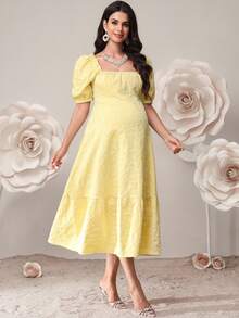 SHEIN 孕妇花卉提花方领短泡泡袖荷叶边下摆优雅连衣裙 - 黃色 - 查看 5