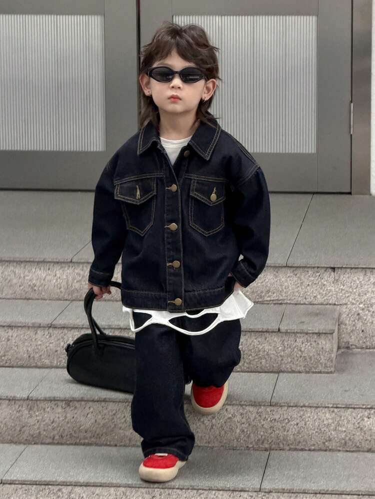 Toddler Boys' Solid Color Casual Long Sleeve Jacket And Jeans Set