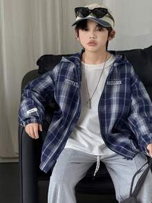 DAZY Tween Boy Letter & Plaid Print Long Sleeve Zip-Up Hooded Jacket Spring - Navy Blue - View 3