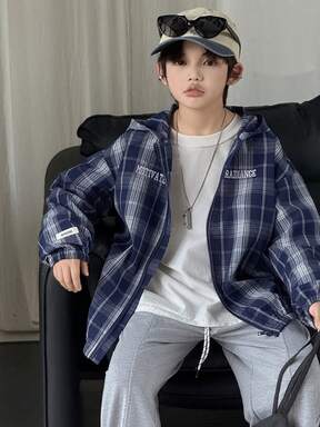 DAZY 青少年男童字母格子印花长袖拉链连帽外套