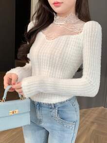 DAZY 白色毛绒蕾丝拼接修身立领上衣，时尚百搭，适合婚礼、派对、情人节、返校季等场合，长袖女式衬衫，秋冬季Y2K风格 - 白色 - 查看 6