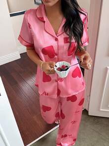 Dream Adore Heart Print Lapel Short Sleeve Pajama Set Satin Sleepwear Set Heart Print Pajamas Pink Sleepwear Women Satin Pajamas Set Pink Satin Pajamas Set Pink Silk Pajamas Set Silk Pjs Set - Pink - View 3