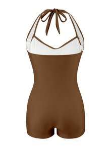Breezaya Áo tắm liền thân nữ màu trơn buộc dây cổ, kiểu dáng nhún bèo, thích hợp cho kỳ nghỉ dưỡng hoặc đi biển. - màu nâu - Xem 2