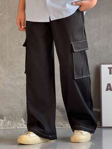 Mirajuku 1pc Boys' Casual Wide Leg Pants, Contrast Stitching Design, Relaxed Fit, Comfortable Fabric, Suitable For Multiple Occasions And Seasons - Black - View 6