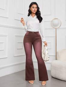 SHEIN Essnce Jeans vintage de cintura alta con pierna acampanada y ajuste a la figura - Burdeos - Ver 6