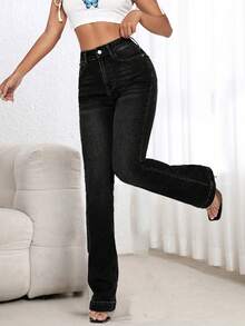 EMERY ROSE 大码女式带口袋纽扣休闲百搭通勤喇叭牛仔裤 - 黑色 - 查看 4