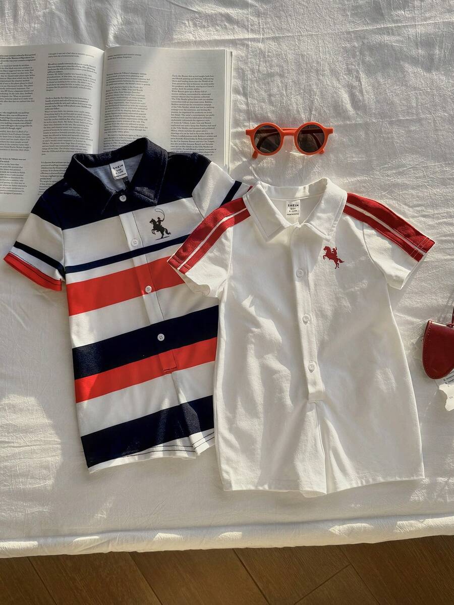 SHEIN 2pcs Newborn Baby Boy Casual Cute Striped Print Polo Collar Short Sleeve Romper Set, Suitable For Birthday Party, Rave, Evening Party, Performance, Wedding, One Month Celebration, Baptism And First Birthday Baby Boy Red White And Blue Outfit Boy Summer Sets Baby Boy Clothes Polo Summer Wear For Boys - Multicolor - View 1