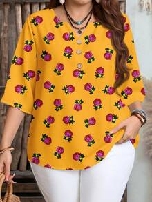 EMERY ROSE 大码女式碎花V领休闲衬衫，适合春夏外出穿着 - 彩色 - 查看 1