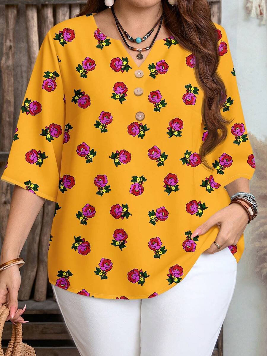 EMERY ROSE 大码女式碎花V领休闲衬衫，适合春夏外出穿着 - 彩色 - 查看 1