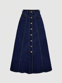 SHEIN MOD Women's Solid Color Front Button Camisole And Denim Skirt Casual Suit - Dark Wash - View 4