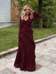 Jeta Ari Autumn Romantic Ruffled Long Sleeve Maxi Dress, Elegant For Dating, Travel, Autumn Loungewear, Suitable For Valentine's Day, Bows, Elegant Women's Dresses, Holiday Dresses, Formal Dresses For Women, Midi Dresses For Women, Summer Dresses, Mesh, Sheer Sleeves, Casual Dresses, Wedding Dresses For Ladies, , Birthday Dresses  Summer, Autumn - Brown - View 4