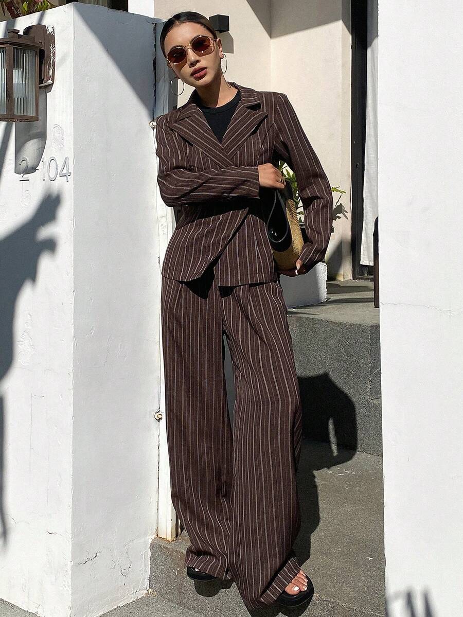 Livesso 2pcs Women Casual Striped Button-Up Top And Cinched Waist Pants Set, Autumn/Winter Lounge Sets For Women - Brown - View 1