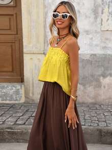 Women's Casual Ruffle Strap Top And Loose Long Skirt 2-Piece Set, Suitable For Outdoor, Vacation, Spring/Summer, Spring Clothes Women , Summer Dress , Summer Dresses For Women , Summer Outfits  , Summer Holiday Outfits Summer Skirt And Top Set - Multicolor - View 4