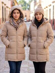 女士长款外套，休闲风格，厚实绗缝面料，宽松剪裁，带帽，拉链闭合，长袖，适合秋冬季节，易于搭配，是日常穿着的理想之选。 - 棕色 - 查看 1