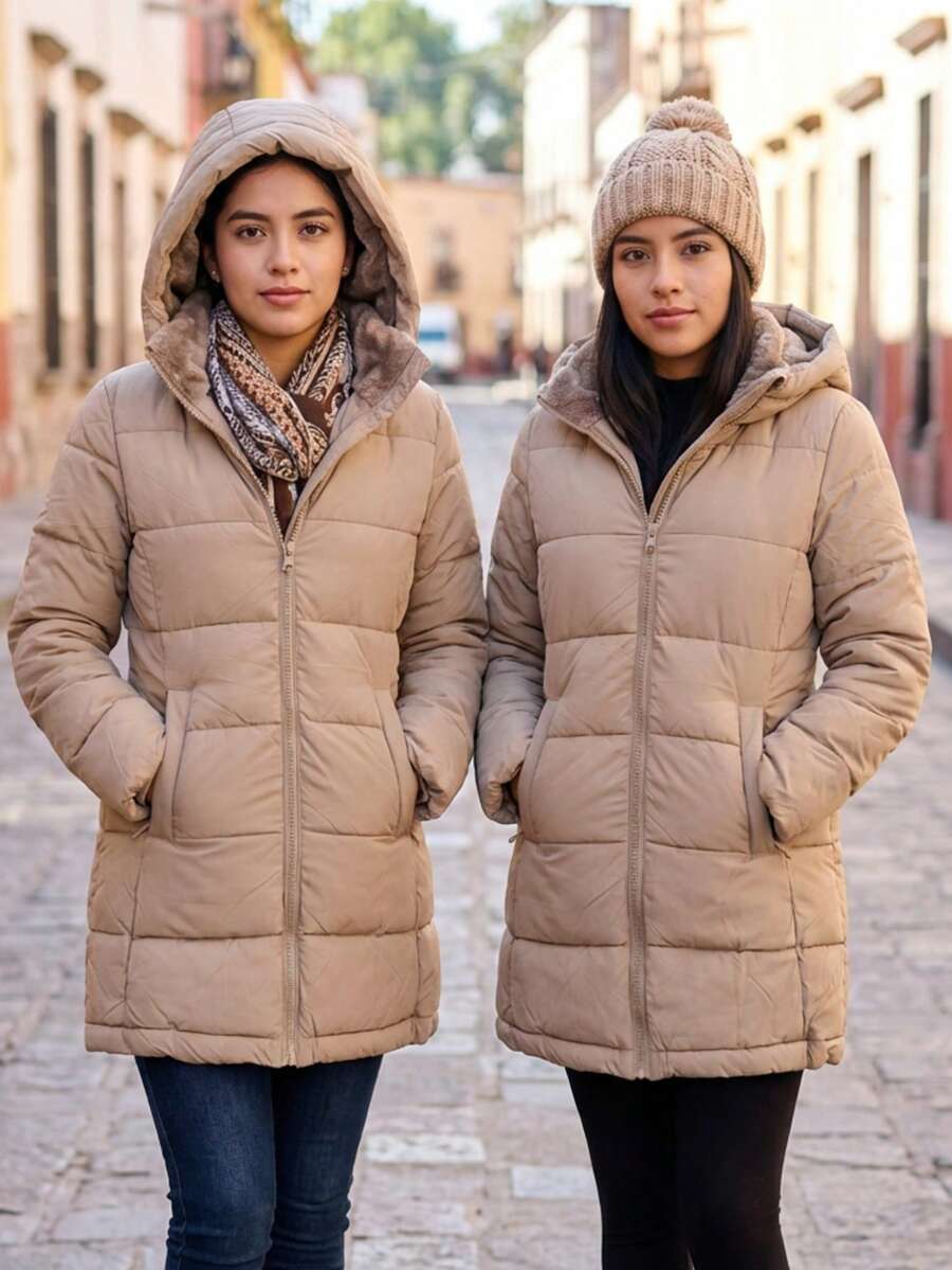 女士长款外套，休闲风格，厚实绗缝面料，宽松剪裁，带帽，拉链闭合，长袖，适合秋冬季节，易于搭配，是日常穿着的理想之选。 - 棕色 - 查看 1