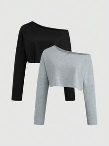 Sweetra 纯色简约露肩宽松舒适短袖长袖卫衣 - 黑色 - 查看 1