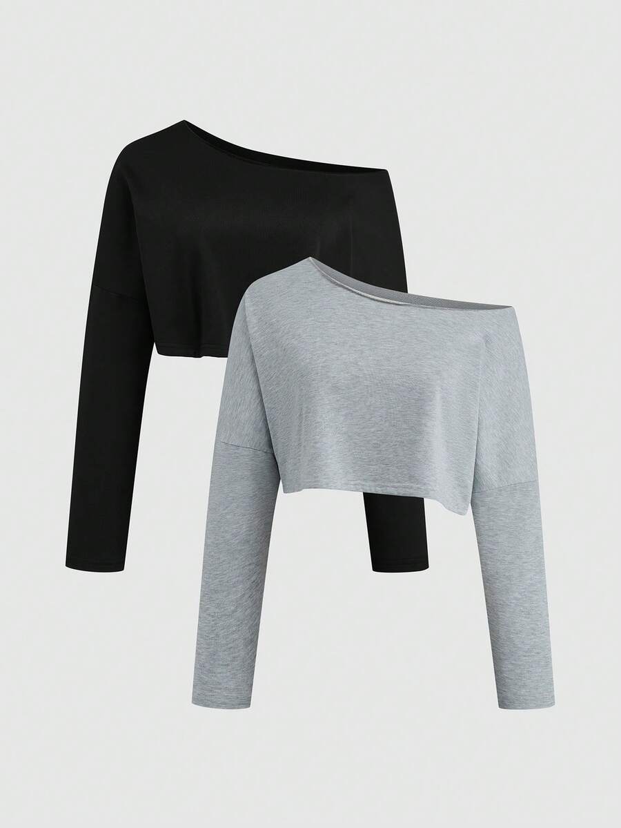 Sweetra Sudadera holgada de manga corta y larga de unicolor, minimalista y cómoda con hombros descubiertos - Negro - Ver 1