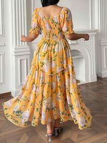 Flirla Plus Size Women Floral Print Sweetheart Neck Raglan Short Sleeve Ruffle Hem Elegant Dress - Yellow - View 2