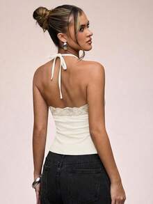 SHEIN BAE Women's Solid Color Contrast Lace Slim Fit Halter Neck Camisole - Apricot - View 2