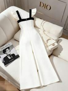 GlowEve 法式黑白撞色连体裤，收腰设计，优雅大方，适合日常出行、约会、度假、春夏穿着。 - 白色 - 查看 2