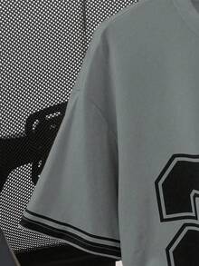 2件套青少年男童宽松休闲字母图案撞色饰边衬衫和短裤套装 - 深灰色 - 查看 5