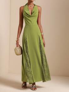 SHEIN Veneréa 优雅女士无袖撞色蕾丝摆裙，深V领口，收腰设计 - 綠色 - 查看 2