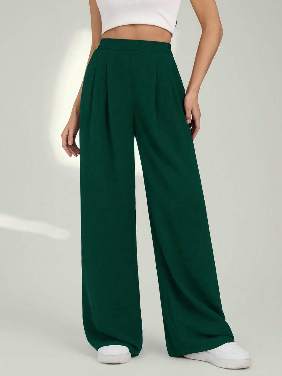 SHEIN Tall 女士纯色褶皱高腰休闲裤 - 墨綠色 - 查看 1