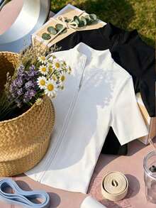 Comfortcana 2件套女士休闲简约黑白针织拉链七分袖T恤，春夏款，适合跑步、瑜伽、嘉年华等夏季轻薄穿着 - 彩色 - 查看 5