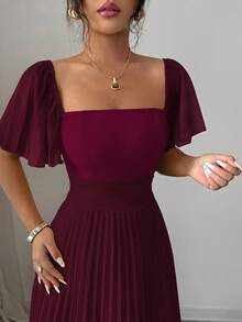 Elenzga 奶油黄色女士A字连衣裙，方领收腰，优雅浪漫 - 酒紅色 - 查看 6