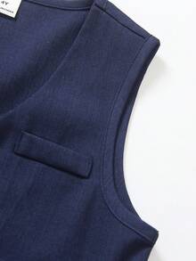 SHEIN Traje de 2 piezas para niños de 4 a 7 años para volver al colegio: chaleco sin mangas de tejido texturizado en rojo navideño y pantalones a cuadros de tejido texturizado, conjunto formal elegante para ocasiones como fiestas, cumpleaños, festividades en primavera, otoño e invierno - azul real - Ver 8